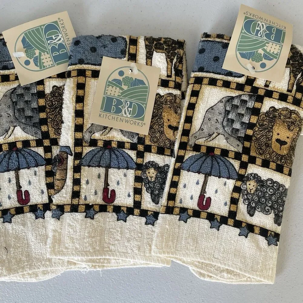 Vintage B&D Kitchenworks Hand Towels Lot 90's Noah's Arc Graphic 100% Cotton